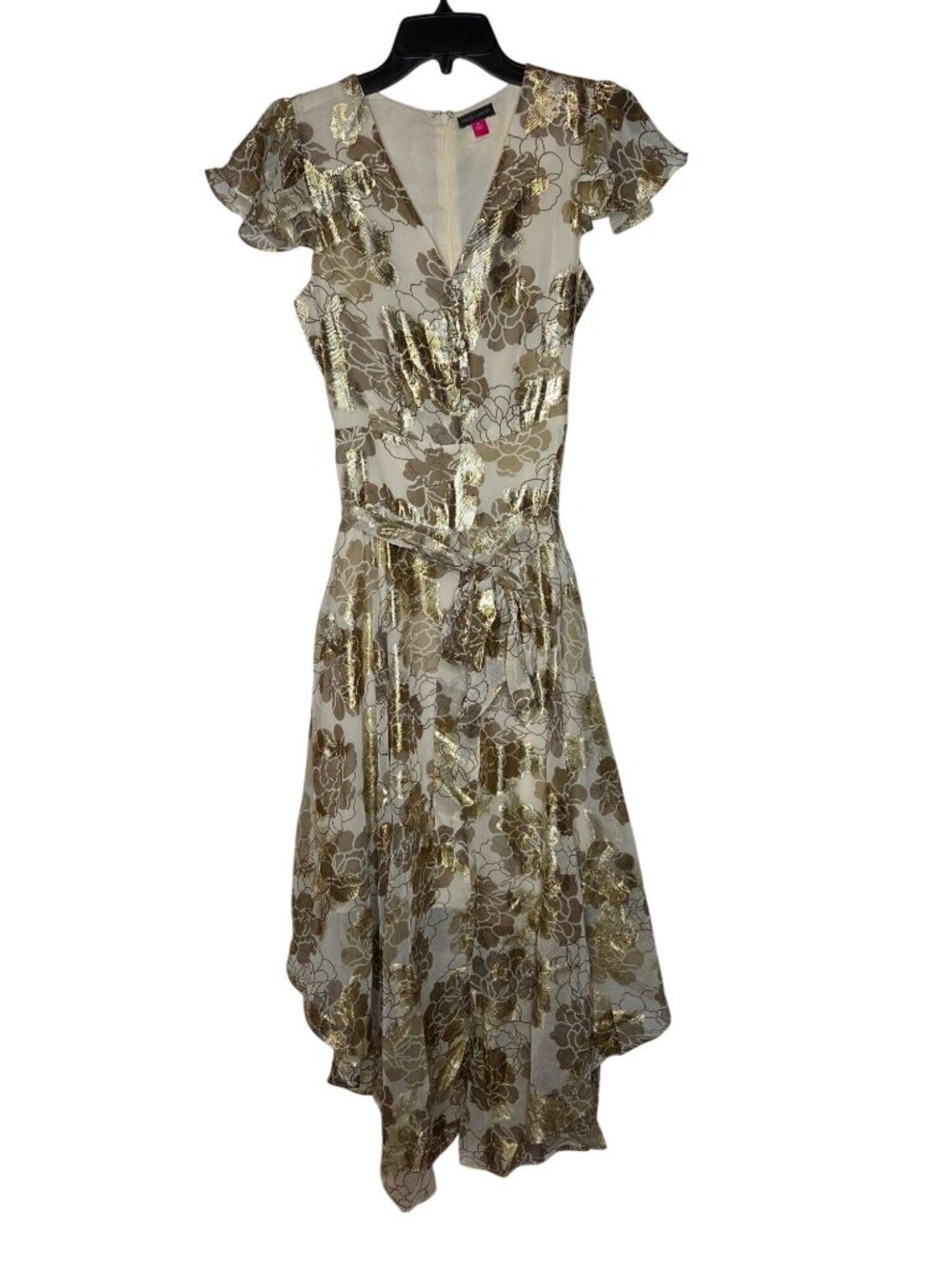 Vince Camuto Metallic Print V-Neck Flutter-Sleeve Midi Dress
